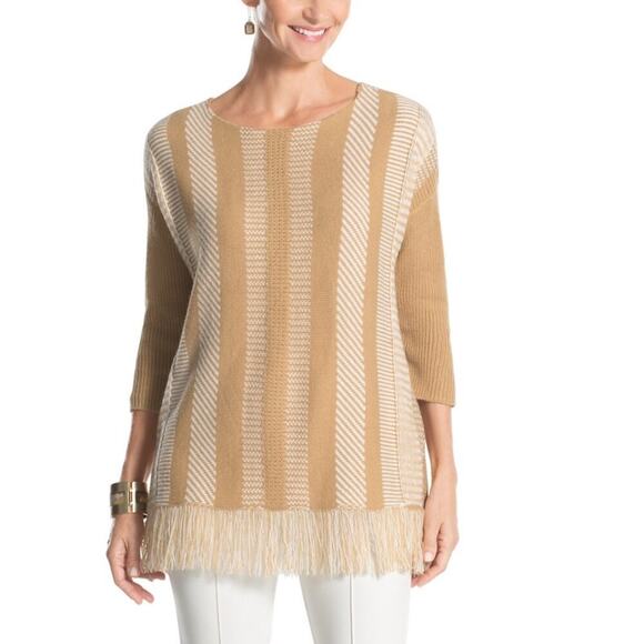 NWT Chico’s Tan Filipa Striped 3/4 Sleeve Boho Knit Sweater w. Fringe Hem Size 0 - Picture 1 of 6